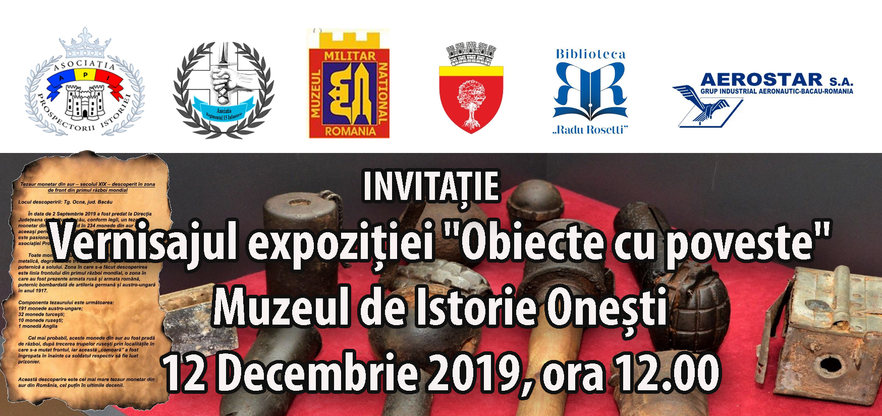 INVITAȚIE Vernisajul expoziției "Obiecte cu poveste" Muzeul de Istorie Onești - 12 Decembrie 2019